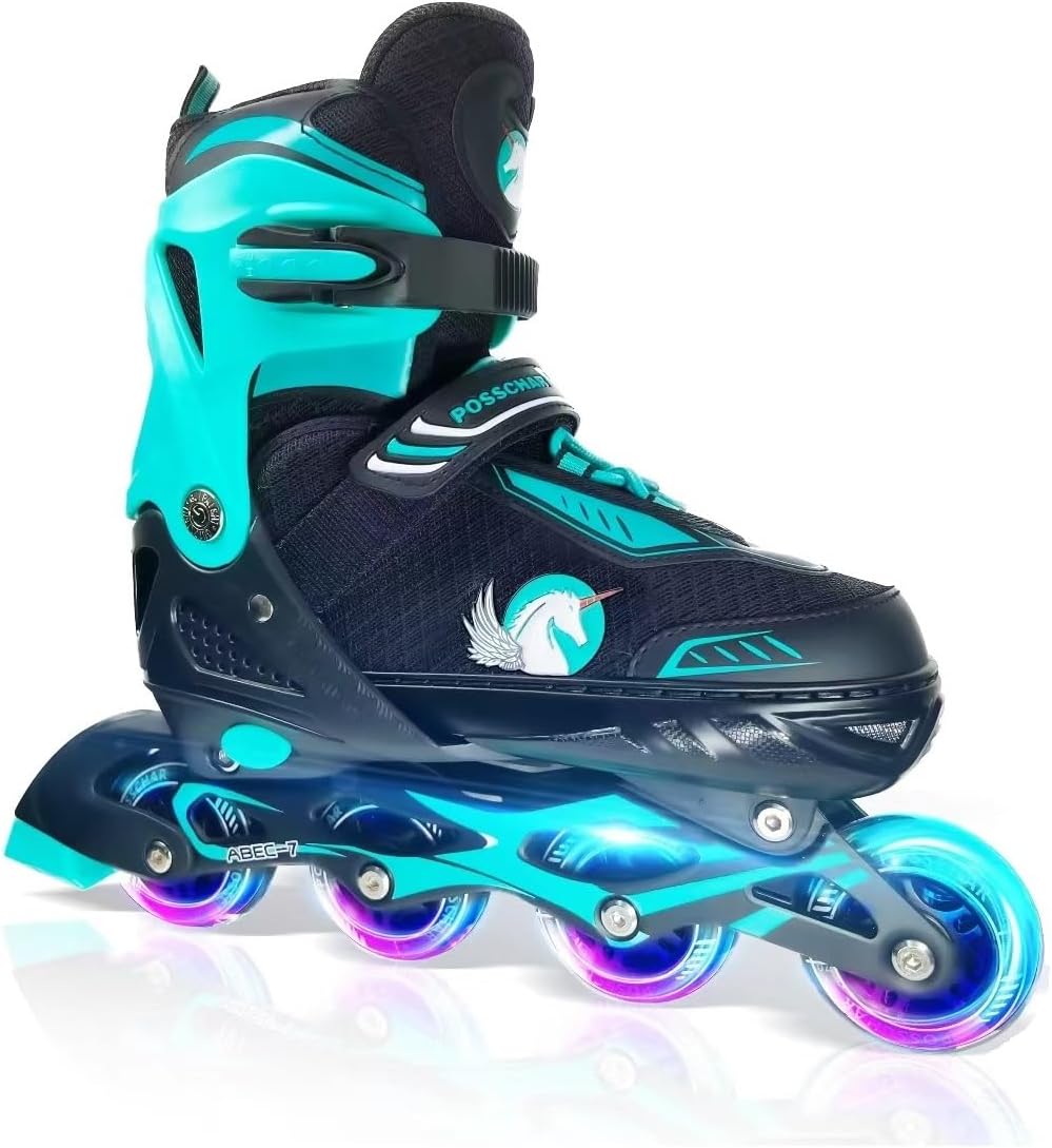 Adjustable Inline Skates, Blades for Girls Kids, Teal Roller Skates with All Light Up Wheels, Children Outdoors High Performance Blue Inline Blade Roller for Beginners