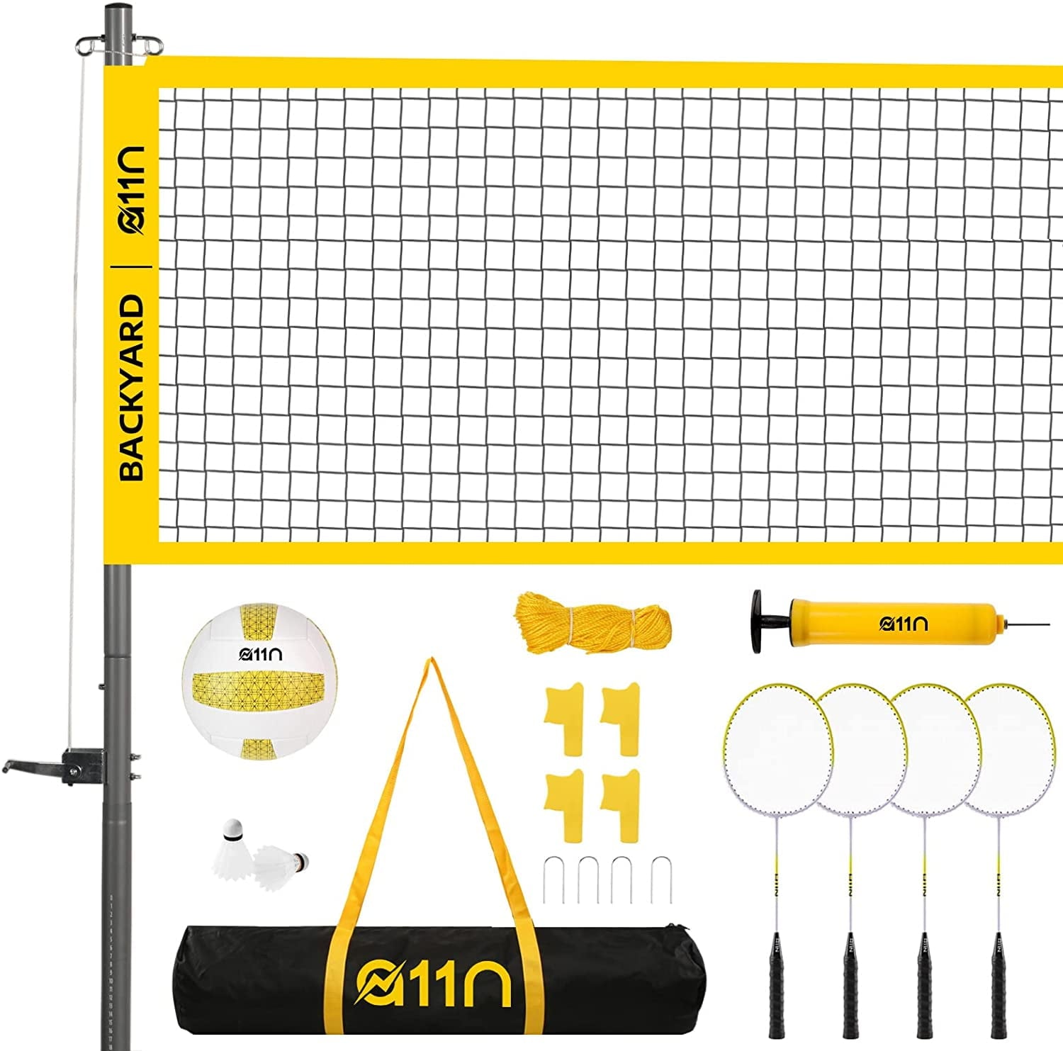 A11N Outdoor Volleyball and Badminton Combo Set - Includes Adjustable Height Anti-Sag Net, Volleyball, Air Pump, 4 Badminton Rackets, 2 Shuttlecocks, Boundary Line Marker, and Carrying Bag